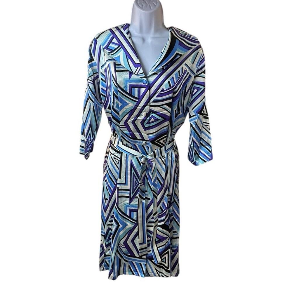Girlfriend by Silversilk Made in Italy Geometric Print Belted Shirt Dress Y2K L